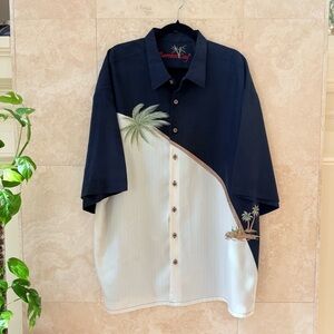 Bamboo Cay Navy White Color Block Palm Tree Embroidered Camp Shirt 3XL